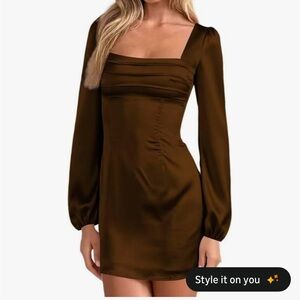 Elegant Brown Square-Neck Long Sleeve Dress
